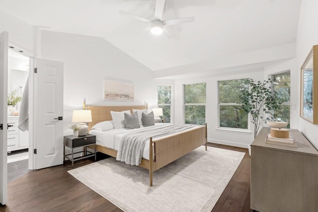 bedroom featuring ceiling fan, dark wood-type flooring, and multiple windows