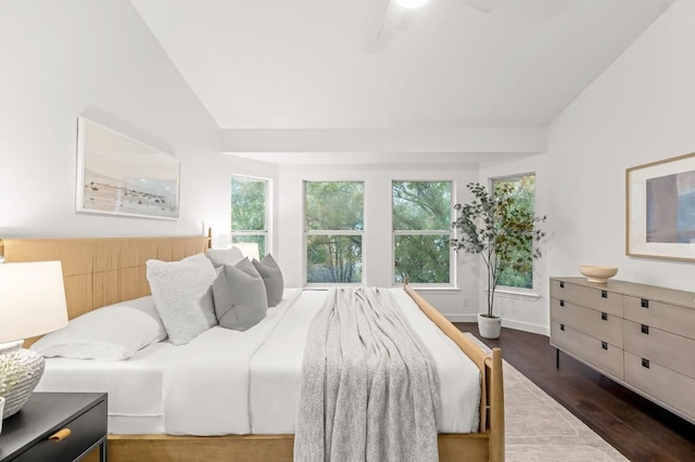 bedroom featuring vaulted ceiling, ceiling fan, and dark hardwood / wood-style floors