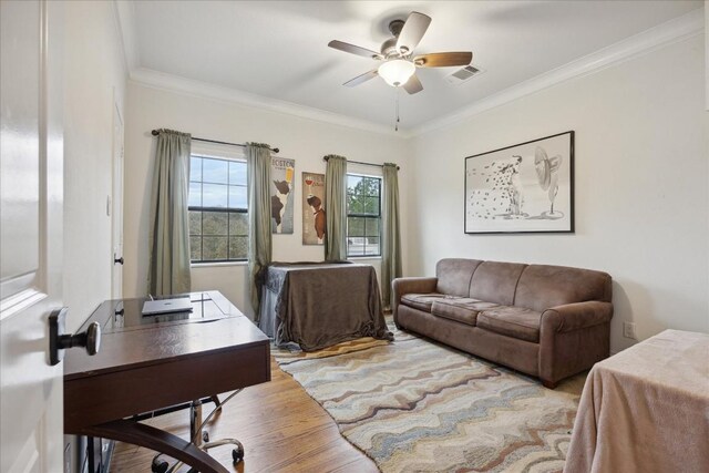 364 Ponderosa Loop, Paige, TX 78659 - home office with a ceiling fan, wood finished floors, and ornamental molding