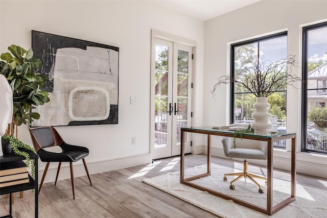 office with french doors, a healthy amount of sunlight, and light wood-type flooring