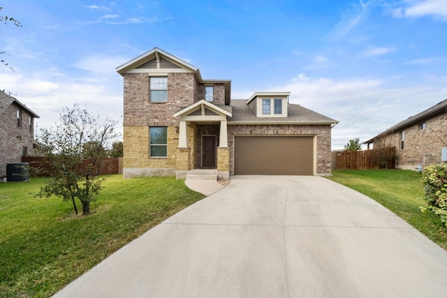 craftsman-style house with a garage, a front yard, and central AC