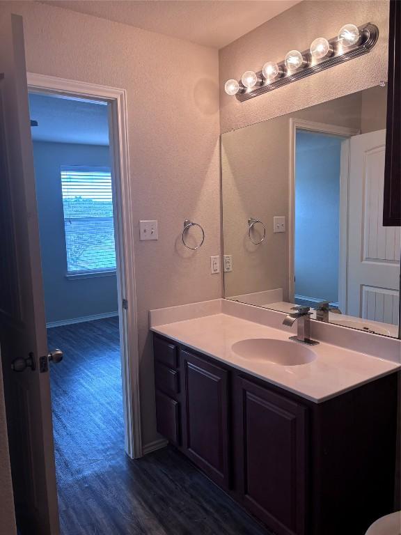 bathroom with vanity and hardwood / wood-style floors