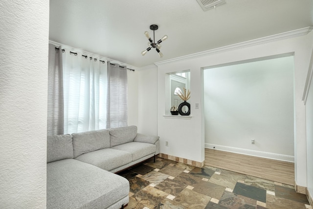 living room featuring dark hardwood / wood-style flooring and crown molding