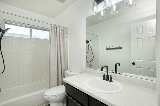 full bathroom featuring toilet, vanity, shower / bath combination with curtain, and ornamental molding