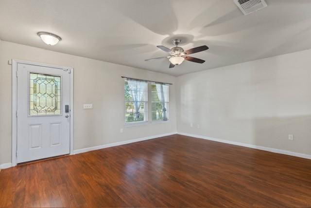 entryway featuring dark hardwood / wood-style flooring and ceiling fan