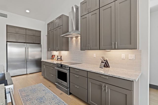 kitchen with wall chimney exhaust hood, stainless steel appliances, backsplash, light hardwood / wood-style floors, and gray cabinets