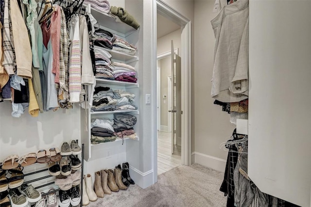 walk in closet featuring carpet flooring