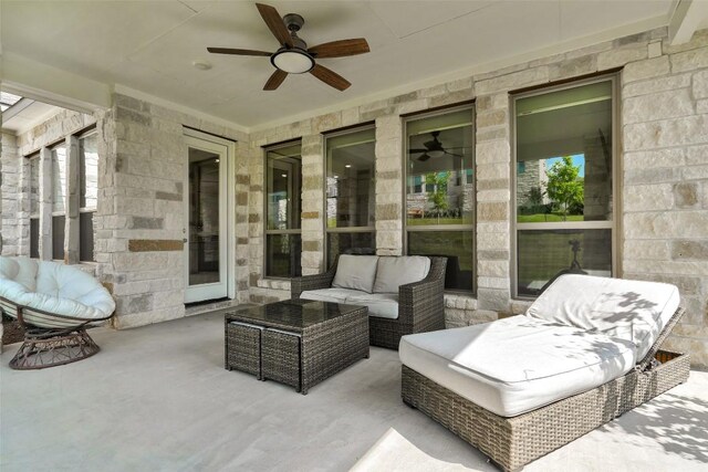 view of patio / terrace featuring ceiling fan and an outdoor hangout area