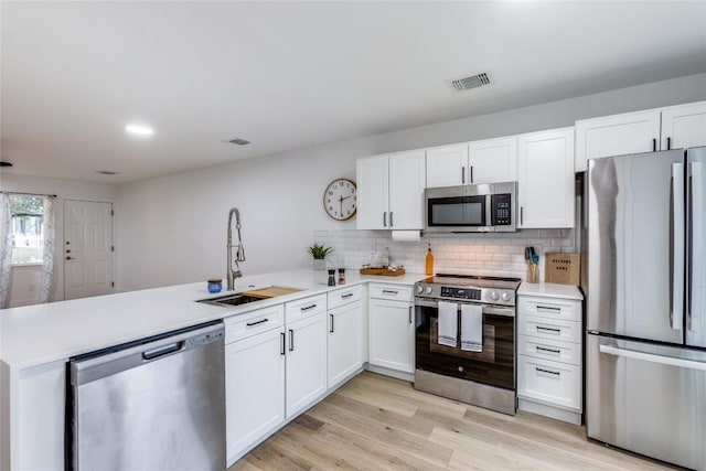 kitchen with stainless steel appliances, kitchen peninsula, sink, and white cabinets