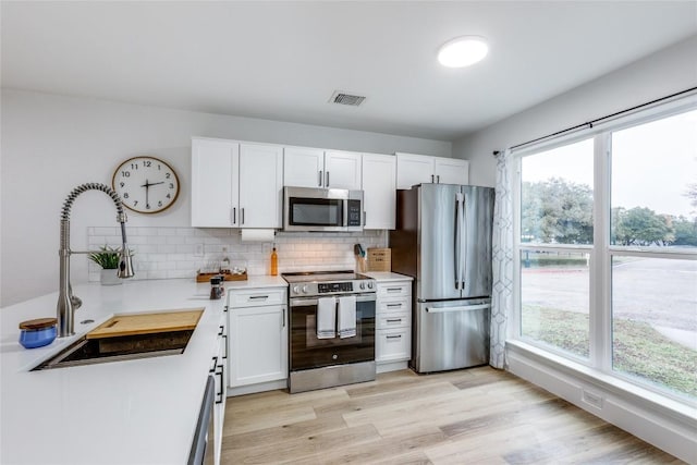 kitchen with sink, white cabinets, decorative backsplash, light hardwood / wood-style floors, and stainless steel appliances