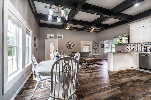 dining room with ceiling fan, coffered ceiling, beamed ceiling, and dark hardwood / wood-style floors