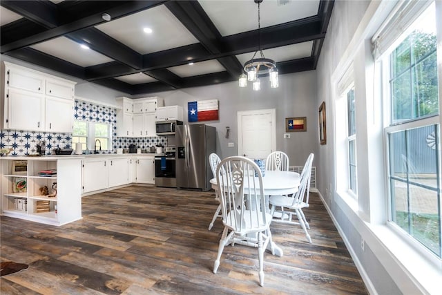 dining space with sink, coffered ceiling, beamed ceiling, dark hardwood / wood-style floors, and a chandelier