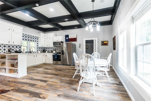 dining space featuring sink, coffered ceiling, an inviting chandelier, beamed ceiling, and dark hardwood / wood-style floors