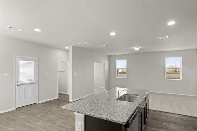 kitchen with dishwasher, an island with sink, a healthy amount of sunlight, and sink