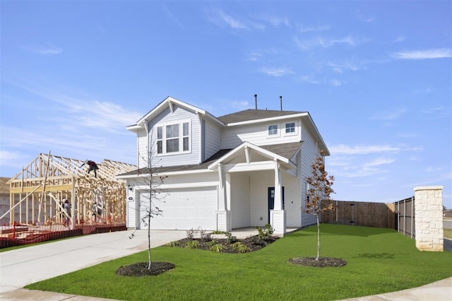 front facade with a front lawn and a garage