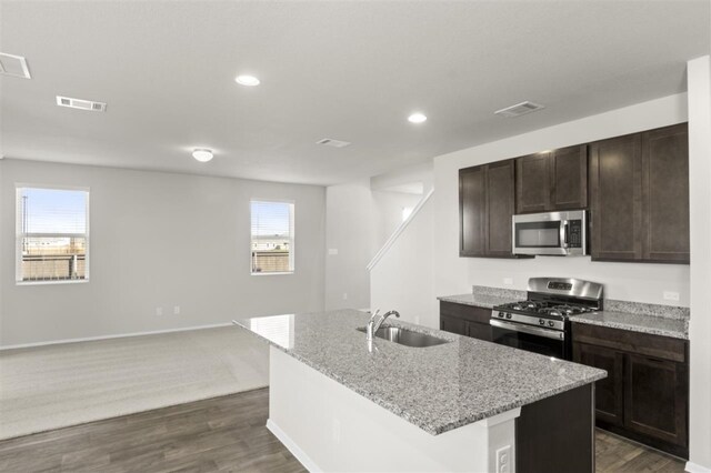 kitchen with dark wood-type flooring, sink, stainless steel appliances, and a center island with sink