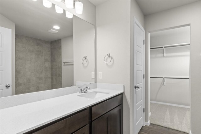 bathroom with hardwood / wood-style floors and vanity