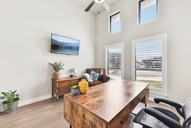 office space featuring ceiling fan, a wealth of natural light, and light hardwood / wood-style flooring