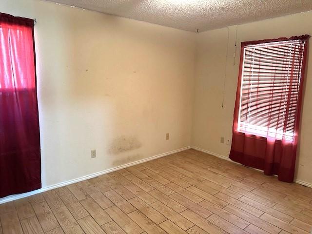 empty room with a textured ceiling and light hardwood / wood-style floors