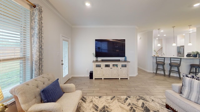 living room with crown molding, light hardwood / wood-style flooring, and a healthy amount of sunlight