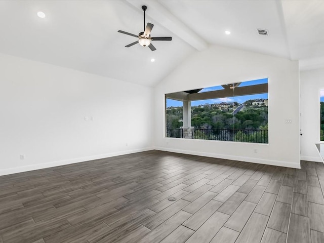 unfurnished living room with ceiling fan, beamed ceiling, high vaulted ceiling, and hardwood / wood-style flooring