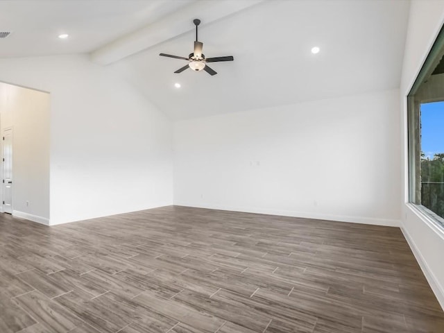 unfurnished room with vaulted ceiling with beams, ceiling fan, and wood-type flooring