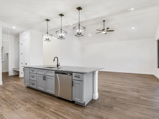 kitchen featuring dishwasher, pendant lighting, ceiling fan, and gray cabinetry