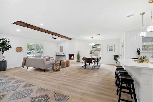 living room featuring ceiling fan, beam ceiling, and light wood-type flooring