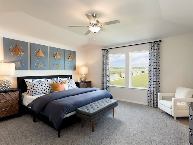 bedroom featuring carpet flooring and ceiling fan