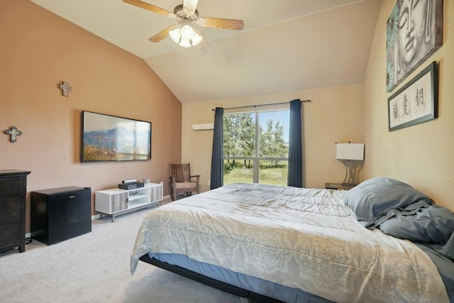 bedroom featuring ceiling fan, carpet floors, and lofted ceiling