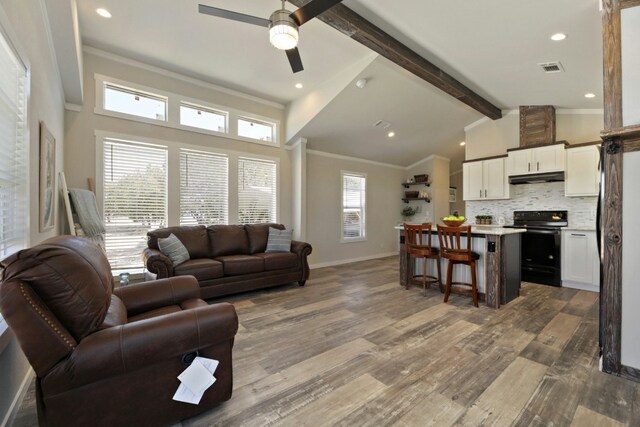 living room with beam ceiling, a wealth of natural light, hardwood / wood-style floors, and ceiling fan