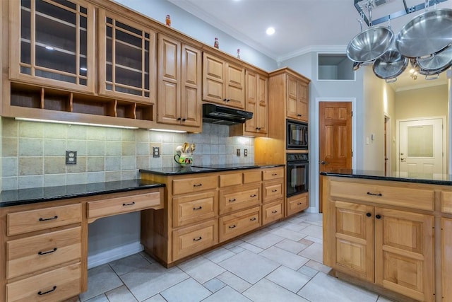 kitchen with black appliances, dark stone countertops, ornamental molding, and tasteful backsplash