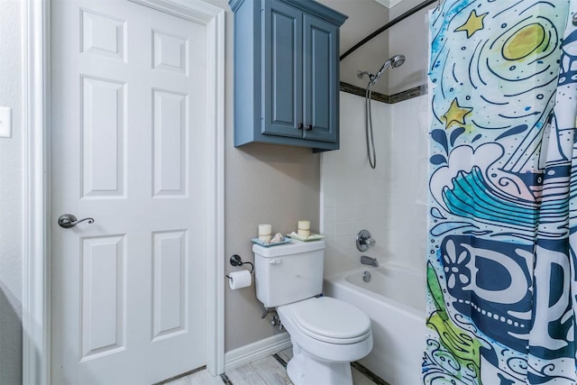 bathroom featuring wood-type flooring, shower / bath combination with curtain, and toilet