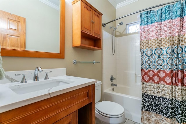 full bathroom with shower / bath combo with shower curtain, vanity, toilet, and crown molding