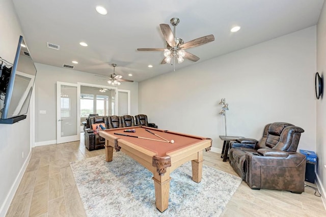 game room with ceiling fan, light hardwood / wood-style floors, and billiards