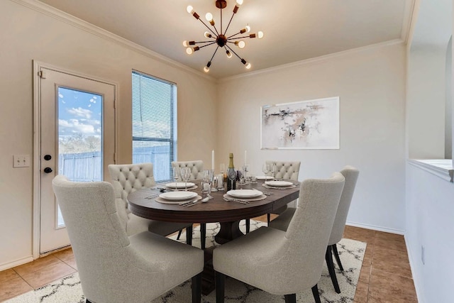 tiled dining space with crown molding and a chandelier