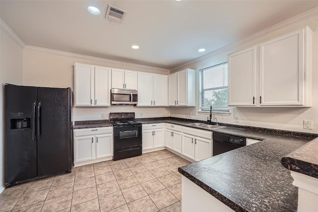 kitchen with sink, light tile patterned floors, crown molding, white cabinets, and black appliances