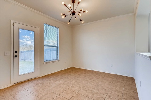 tiled spare room with a notable chandelier, plenty of natural light, and crown molding