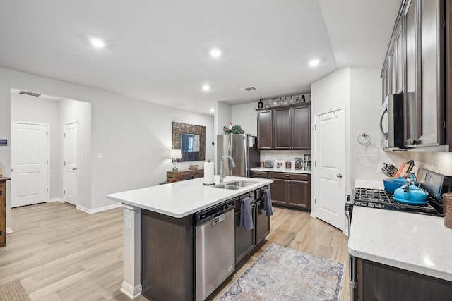 kitchen with appliances with stainless steel finishes, backsplash, a center island with sink, and light hardwood / wood-style floors