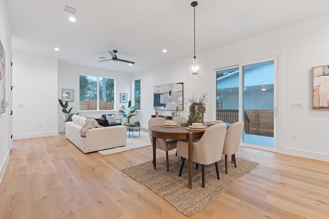 dining space featuring ceiling fan and light wood-type flooring