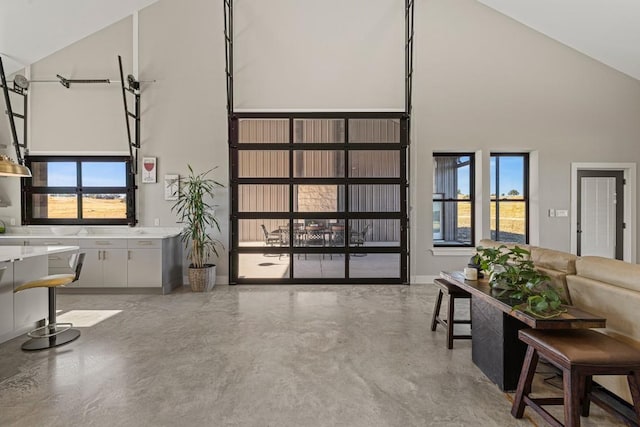 living room with high vaulted ceiling