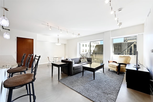 living room featuring concrete flooring