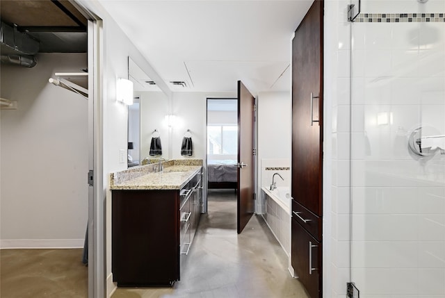 bathroom featuring vanity, independent shower and bath, and concrete floors