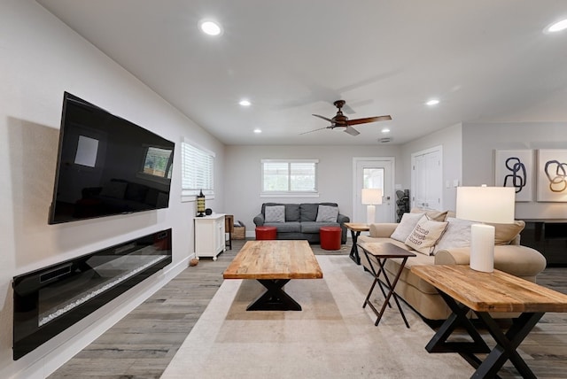 living room with ceiling fan and light hardwood / wood-style flooring