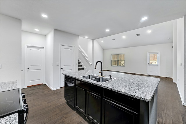 kitchen with sink, dark hardwood / wood-style flooring, a kitchen island with sink, and black appliances