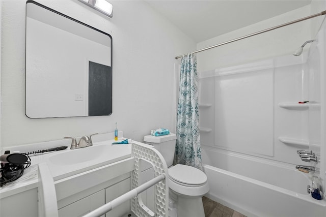 full bathroom featuring toilet, wood-type flooring, vanity, and shower / tub combo with curtain