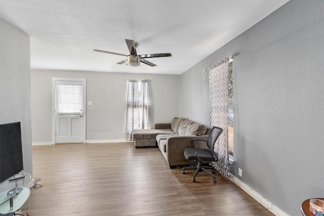 living room with ceiling fan and hardwood / wood-style flooring