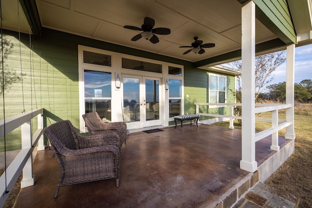 view of patio with ceiling fan and french doors