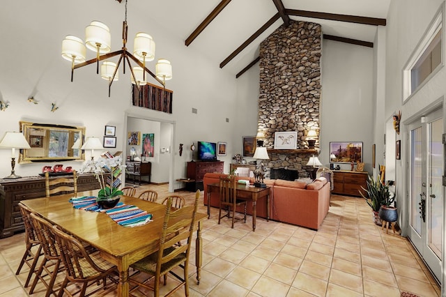 tiled dining space featuring a fireplace, beam ceiling, high vaulted ceiling, and a notable chandelier