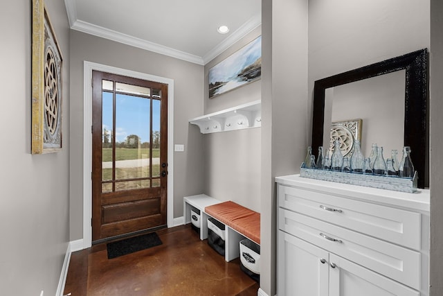 mudroom featuring crown molding